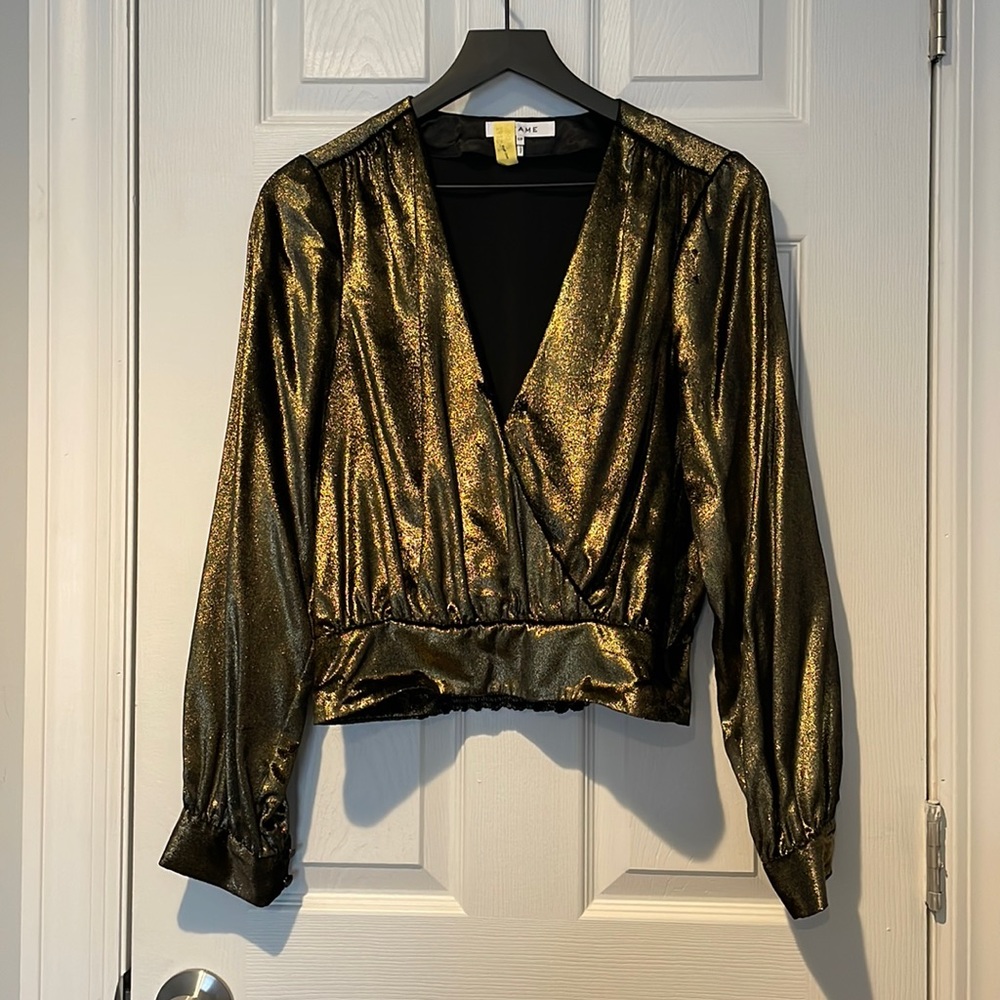 Frame gold/black velvet faux wrap top with long sleeves